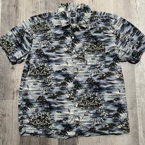 Vtg GAP Hawaiian Loop Collar Shirt Blue Y2K Tropical Island Sailing Button Shirt